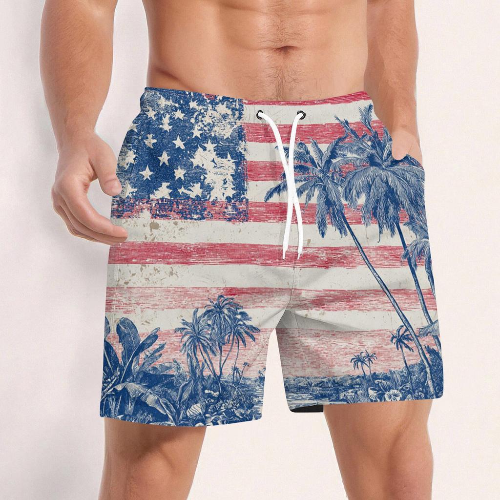 Men Swim Trunks Quick Dry Board Shorts with Drawstring Waistband Mesh and Side Pockets USA Flag Print Beachwear