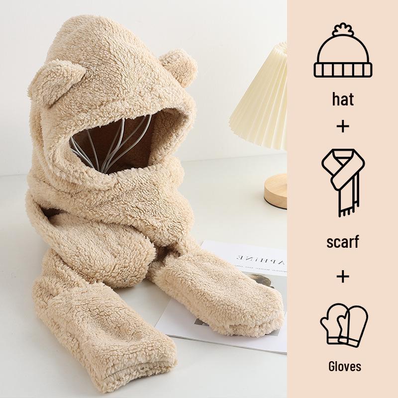 Korean-Style Cute Bear Plush Hat & Scarf Set for Women - Cozy Autumn/Winter Wear