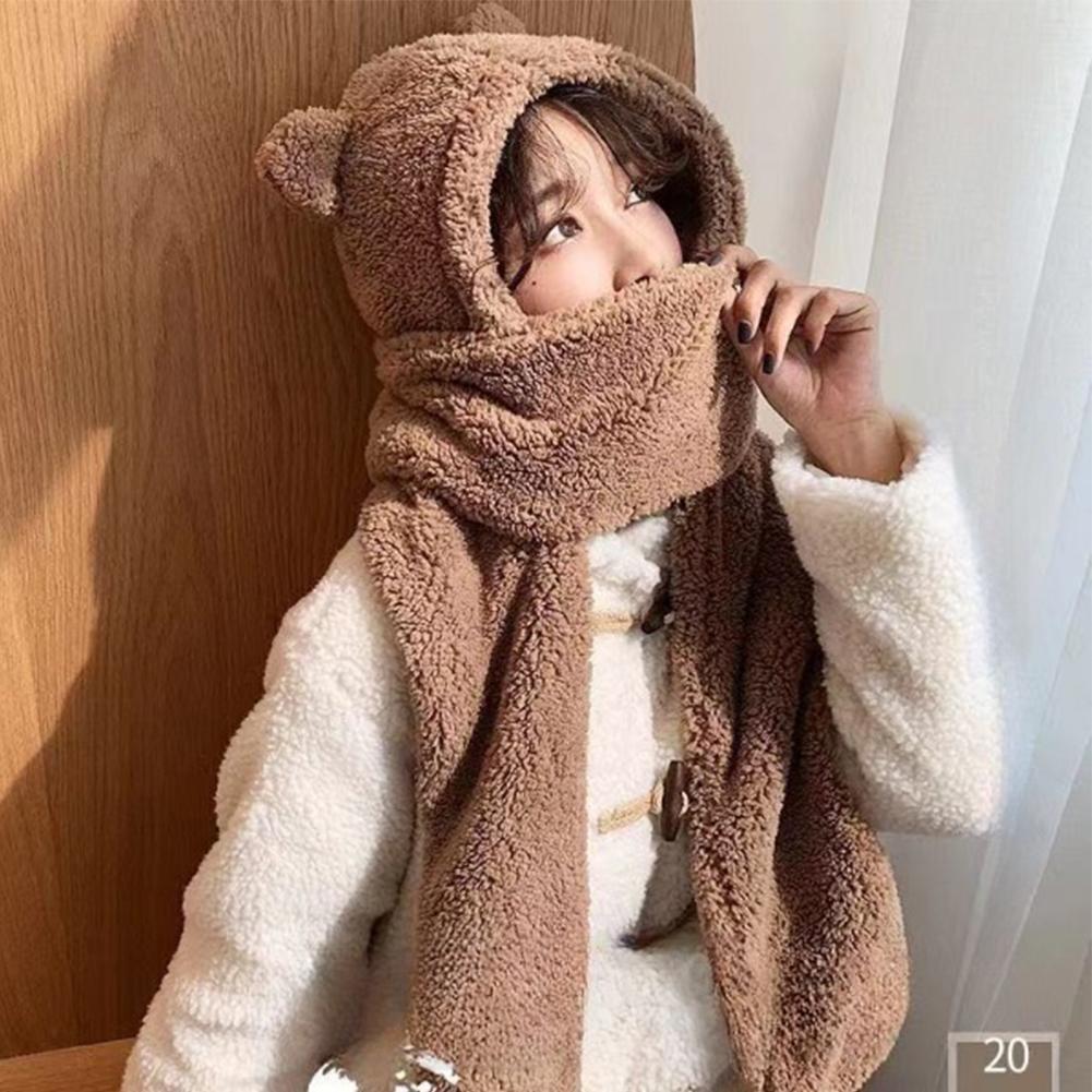 3-in-1 Hat Scarf Gloves Set For Women Cute Bear Mask Hat Winter Warm Double Layered Thickened Accessories