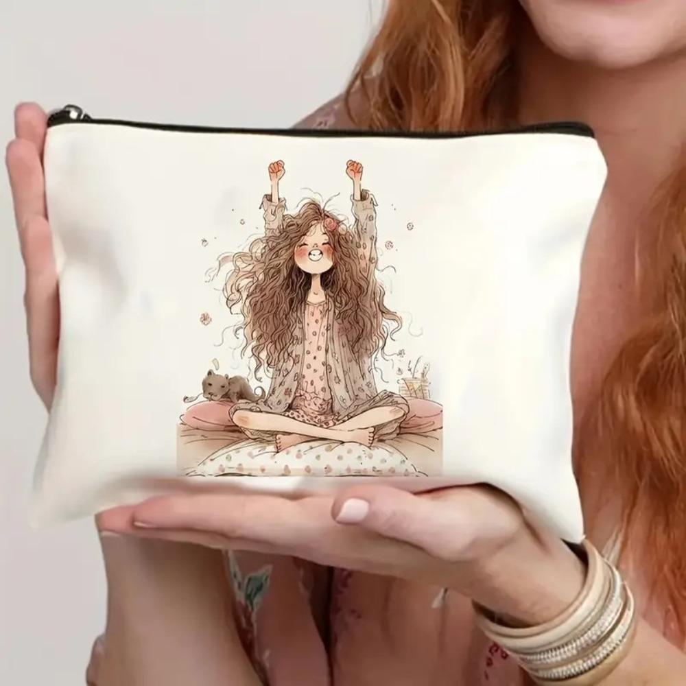 Durable Vintage Style Makeup Bag Cute Girl Pattern Foldable Storage Bag Lightweight Zipper Toiletry Bag Travel