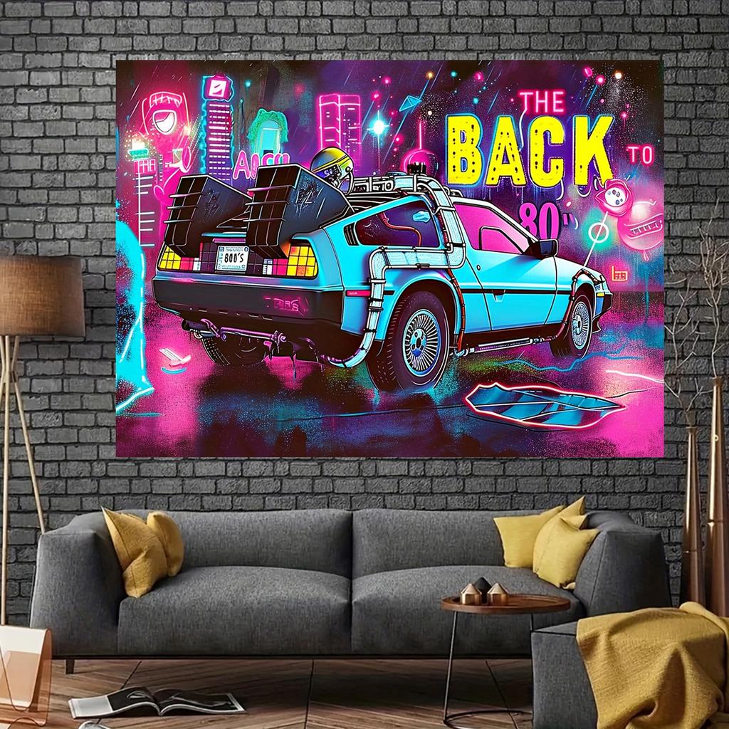 1pc Retro 80s Party Banner Vibrant Polyester Tailgate Decor with The Back To the 80s Design Neon Lights Retro Cars Perf