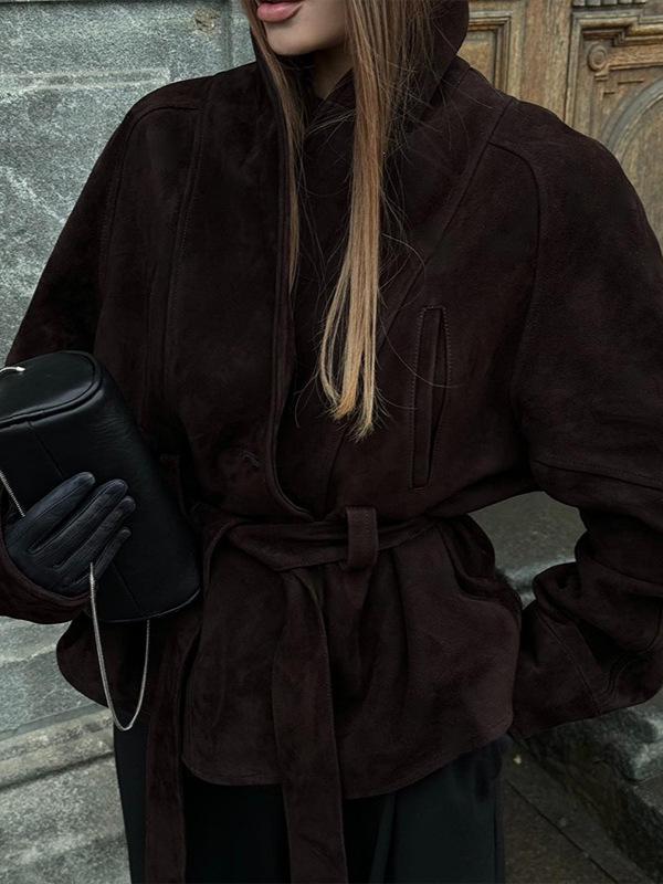2026 Autumn/Winter Women's Retro Lapel Suede Waist-Tie Jacket