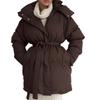 Women's Dark Brown Long Hooded Puffer Coat, Removable Sleeve Covers and Waist Tie Belt