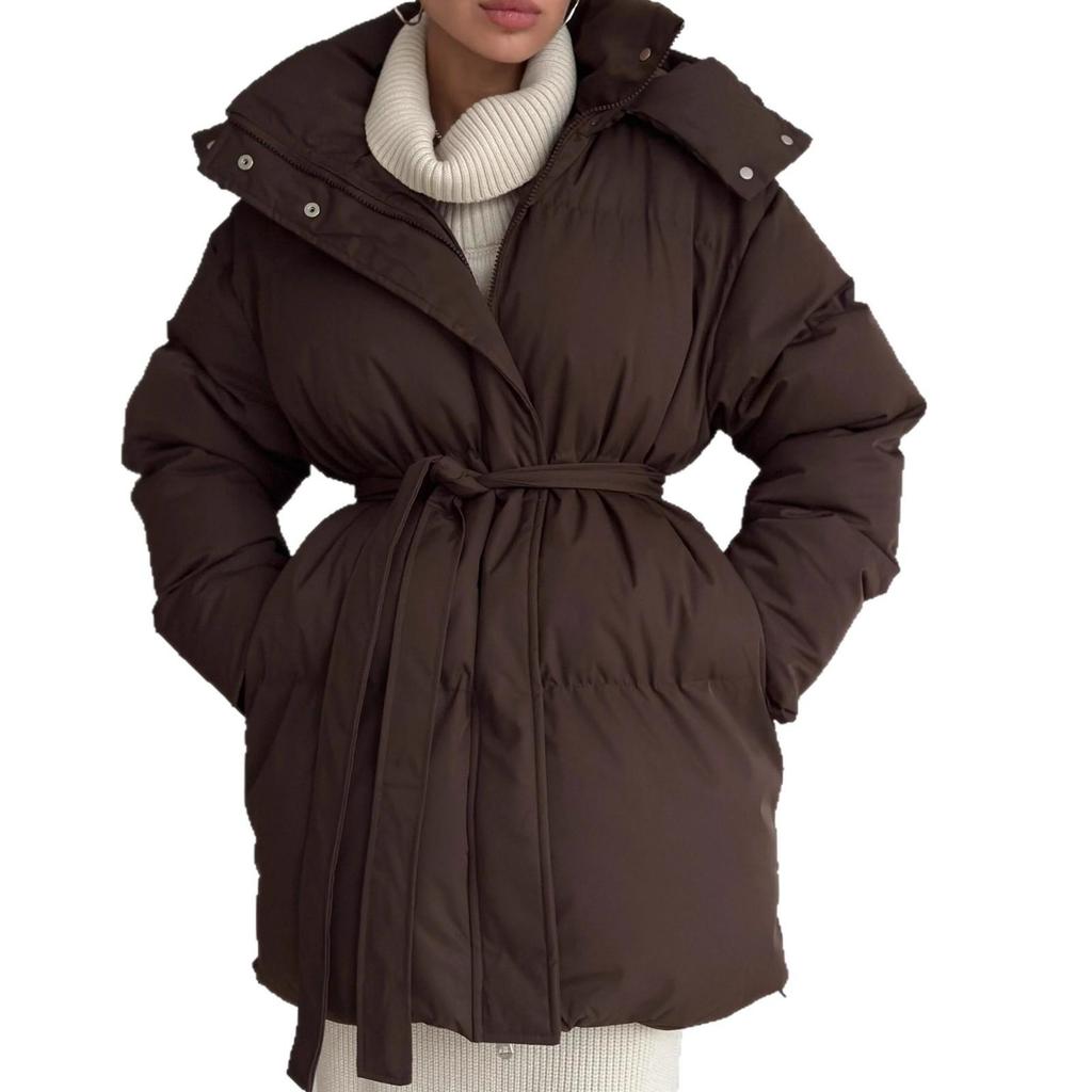 Women's Dark Brown Long Hooded Puffer Coat, Removable Sleeve Covers and Waist Tie Belt