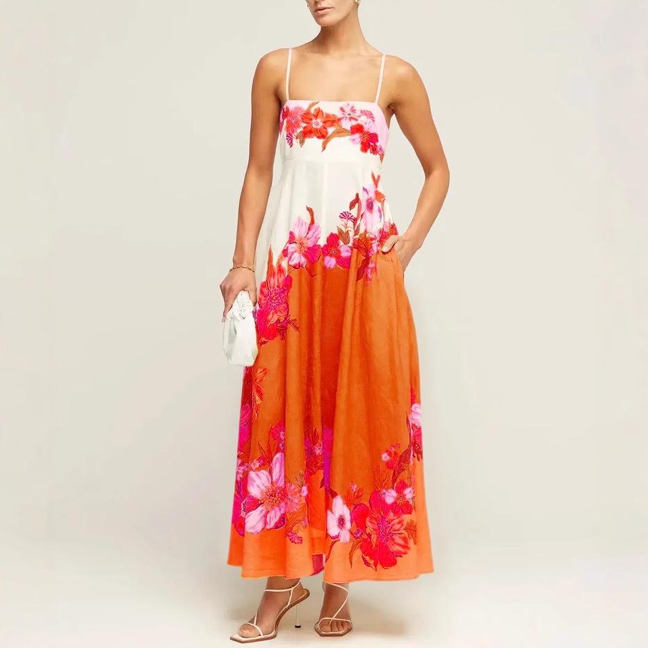 2024 Summer European & American Style Sling Elegant High-Waist Print Casual Dress