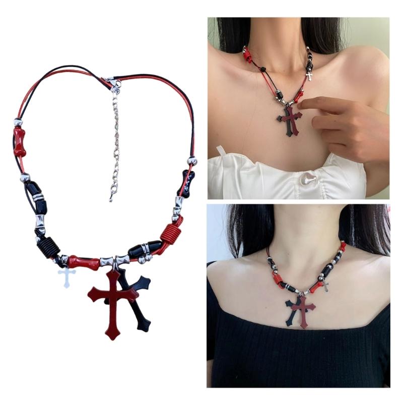 Subculture Rock Beaded Necklace Niche Retro Black Red Crossed Pendant Bead Acrylic Necklace Summer Bead Necklace Jewelry