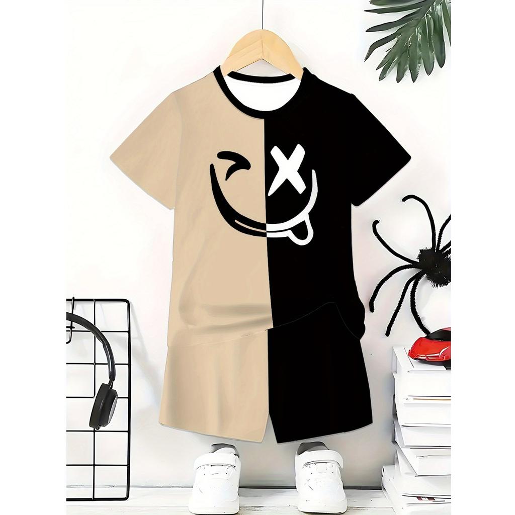 Boy Fashion 3D Printed Casual Pullover T-Shirt and Shorts Set, Outdoor T-Shirt and Shorts