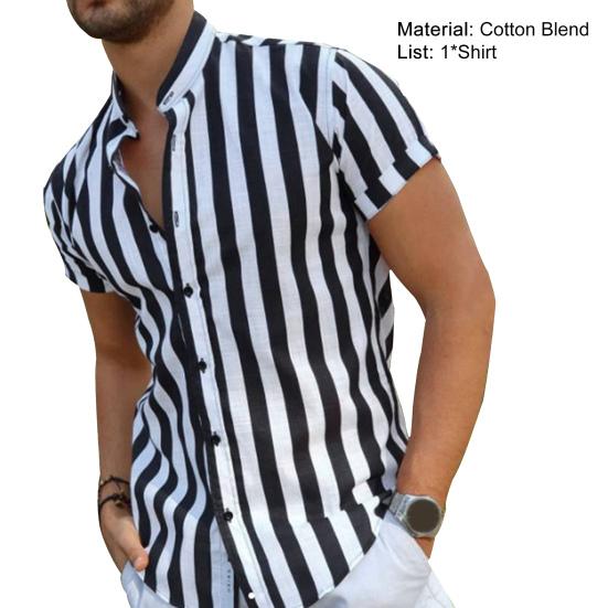 Men Shirt Stripe Contrast Color Stand Collar Single-breasted Summer Top for Work