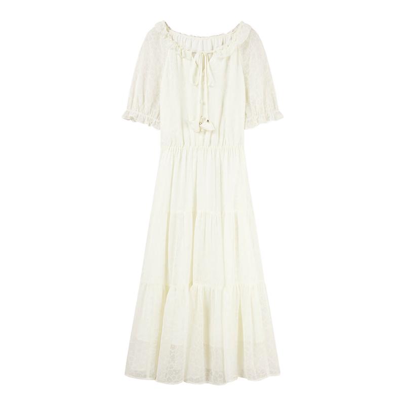 Qiushui Yiren Gentle Ruffle Tie-Waist Midi Dress L