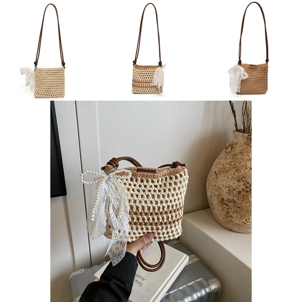 Simple Solid Color Woven Women Casual Shoulder Crossbody Bag With Pendant For Casual Beach Vacation And Daily Use