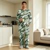 Men's Long Sleeve Pajama Set with Button Crotch and Elastic Drawstring Waist Pants for Home Loungewear