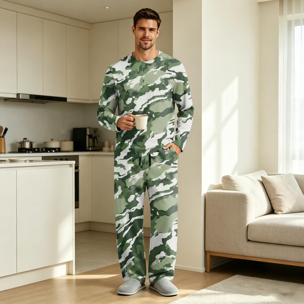 Men's Long Sleeve Pajama Set with Button Crotch and Elastic Drawstring Waist Pants for Home Loungewear