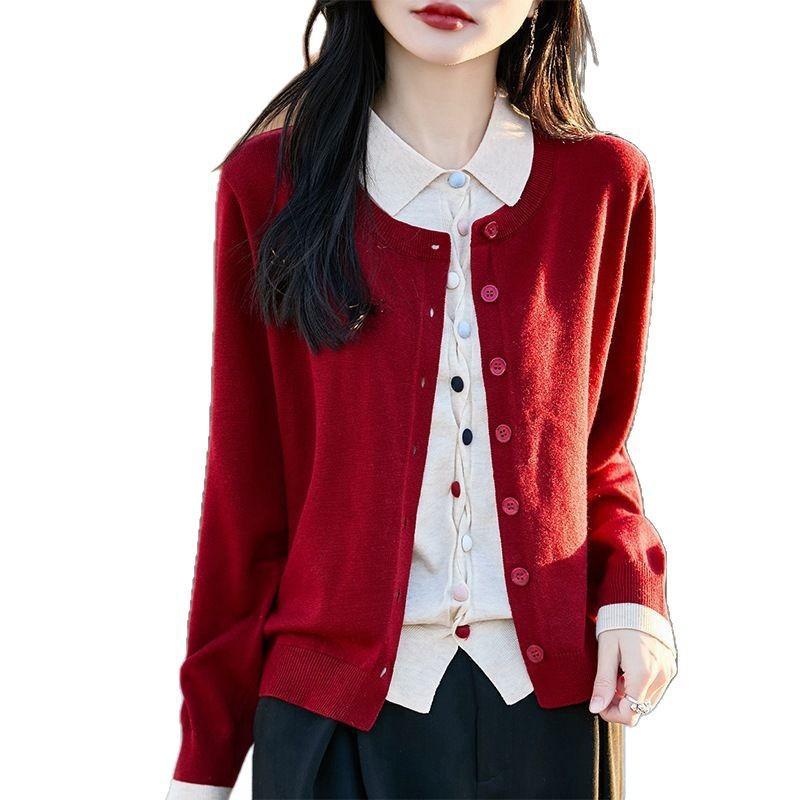 Spring New Style Women's Color-blocking Buttoned Knitted Cardigan POLO Collar Elegant Sweater Coat