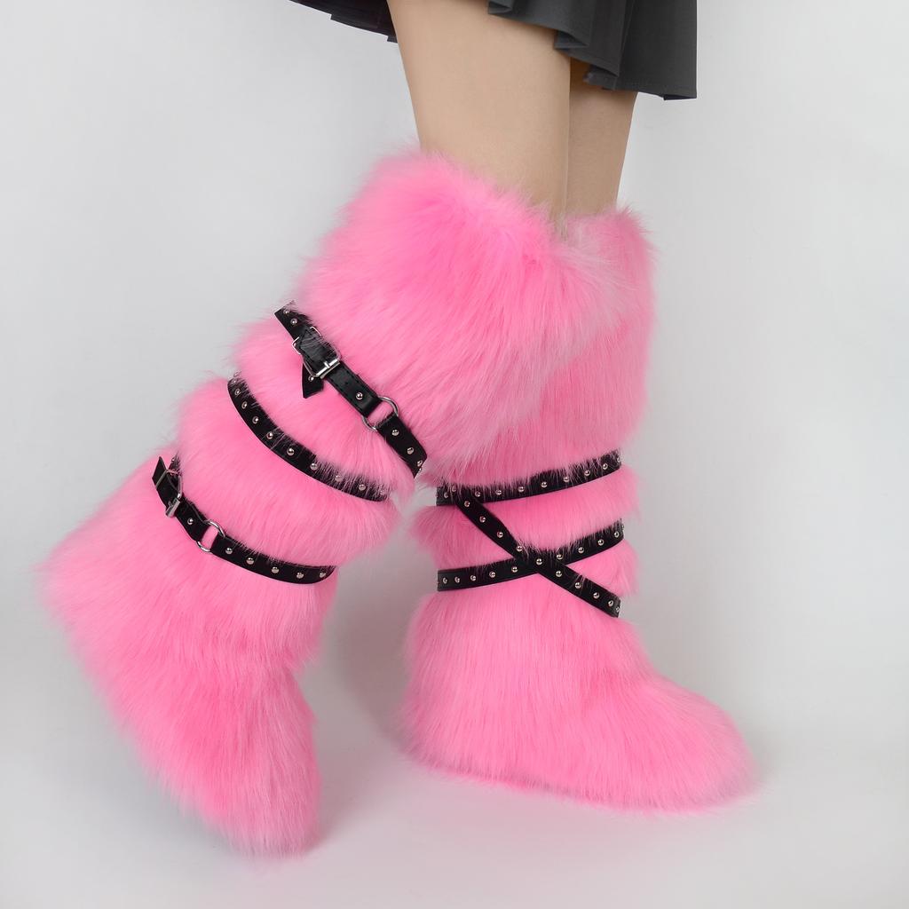 Women's Faux Fur Snow Boot Winter Warm Fluffy Long Furry Long Boots for Women Outdoor Fuzzy Knee-High Boots Plush Warm Snow Shoes for Outdoor Indoor