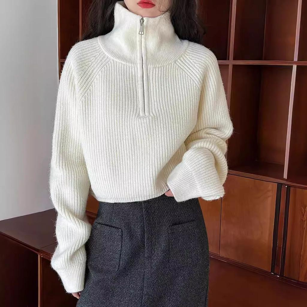Half-zipper High Neck Solid Color High Waist Pullover Sweater Women's Short Fashion Melad Color Wear Knitted Tops Comfortable and Versatile