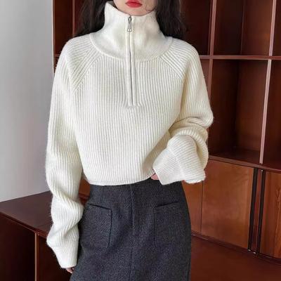 Autumn Winter Half-zip Sweater Women's High Neck High Waist Short Melad Color Fashion Versatile Knitted Top
