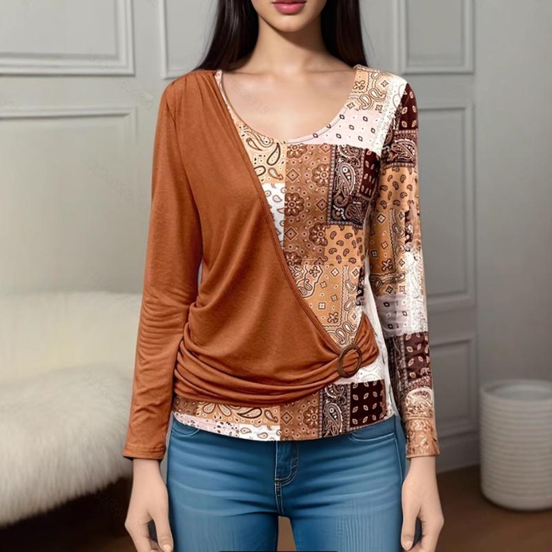 Autumn Tops Printed Patchwork Long-sleeved T-shirt Casual Street Tee Loose Clothes Female Clothin