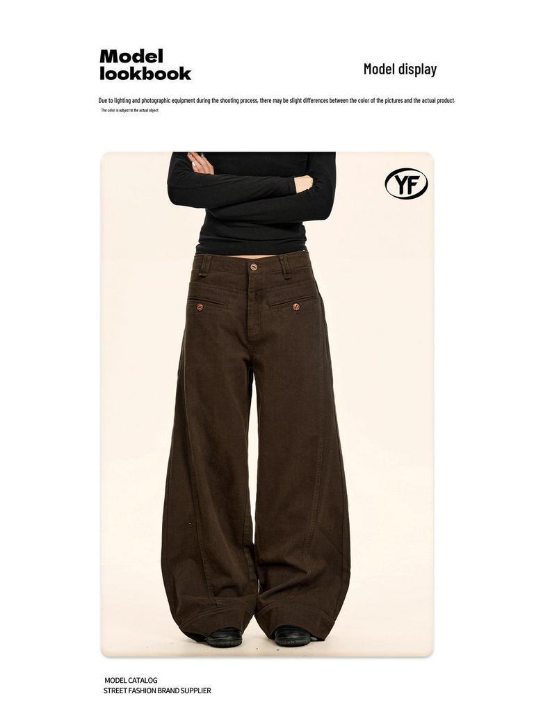 Yongfang Unisex Retro Wide-Leg Work Pants with Button Pocket Design