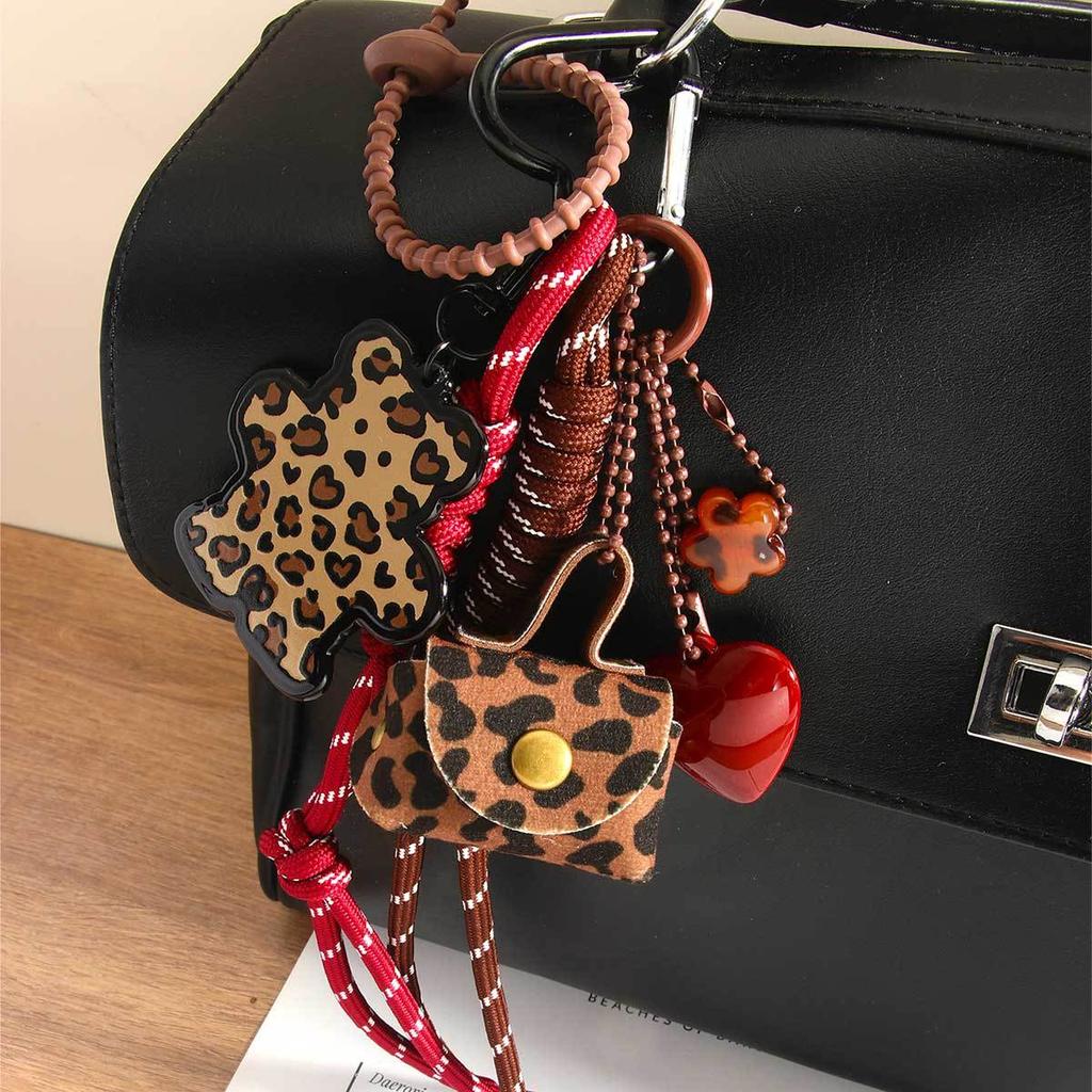 Retro Leopard Y2K Korean Heart Shaped Plush Keychain Pendants Women Charm Bag Pendant Couple Key Ring Gift Key Jewelry