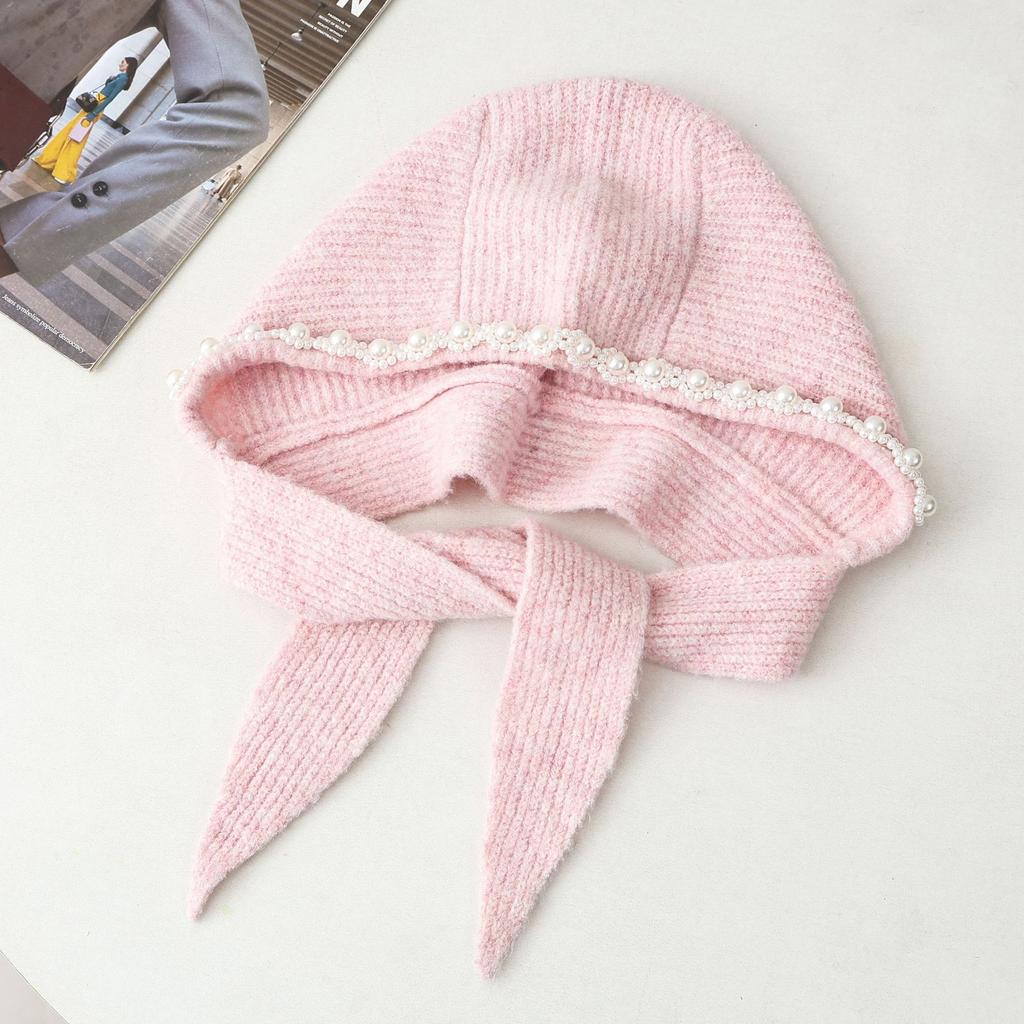 Balaclava hat pearl bead ear protection strap design women's autumn and winter warm wool cute bag head hat