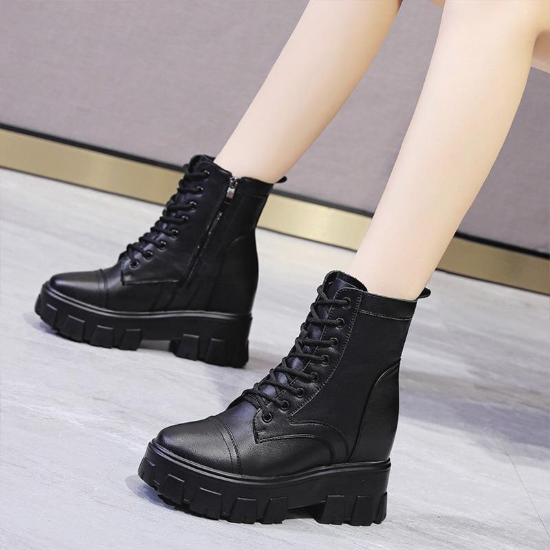 Women's shoes new lace-up inner height increase short boots women's thick sole inner height increase small casual versatile