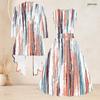 Women Plus Size Two Piece Dress Set 3 4 Sleeve Open Cardigan Sleeveless Round Neck Tie Waist Flared Dress Striped Printed