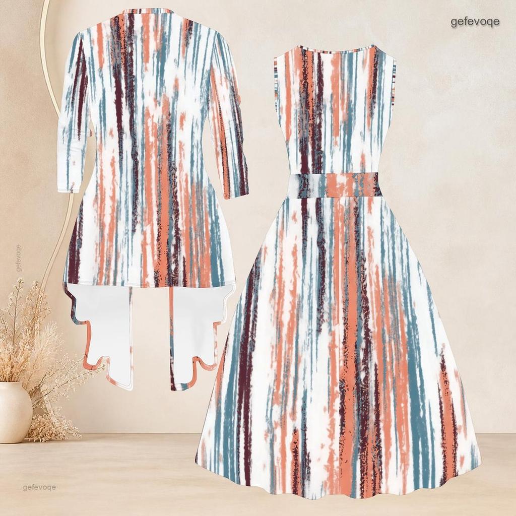 Women Plus Size Two Piece Dress Set 3 4 Sleeve Open Cardigan Sleeveless Round Neck Tie Waist Flared Dress Striped Printed
