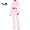 2 Pcs/Set Women Top Pants Suit Skinny High Waist O Neck Long Sleeves Pure Color Stretchy Soft Breathable Yoga Bell Bottoms T-shirt Set Spring Summer