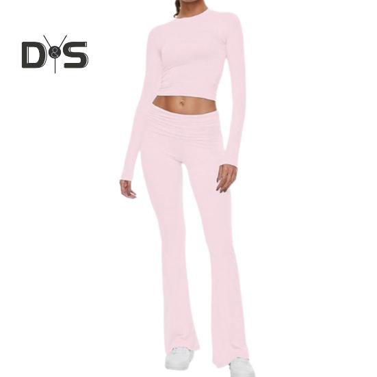 2 Pcs/Set Women Top Pants Suit Skinny High Waist O Neck Long Sleeves Pure Color Stretchy Soft Breathable Yoga Bell Bottoms T-shirt Set Spring Summer