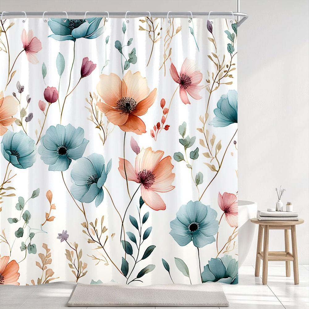 Simple Watercolour Floral Shower Curtain Blue Flower Yellow Grey Botanical Flower Polyester Fabric Shower Curtain Bathroom Decor