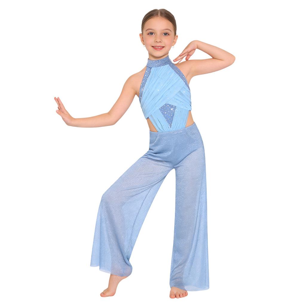 Tuta Larga da Ragazza Scollo all'Americana Senza Maniche Rucherata Rete Davanti Schiena con Laccetti Strass Costume da Ballo