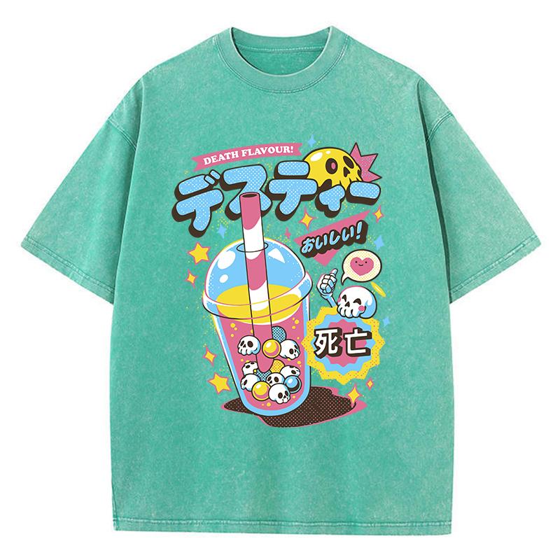 Fashion Woman Washed T-Shirts Funny Skull Drink Printing Short Sleeve Cotton Distressed Oversize Crewneck Tops Clothes S