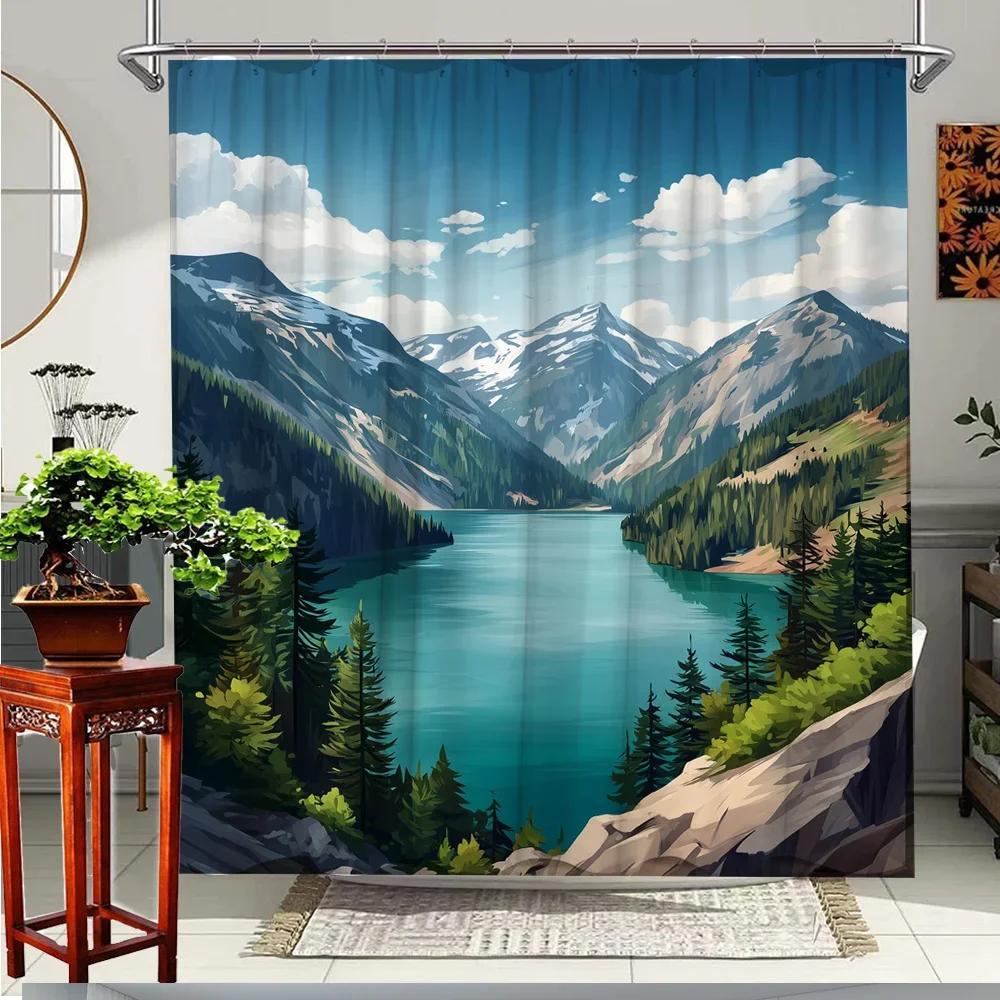

1Pc Scenic Mountain Lake View Shower Curtain For Relaxing Ambiance With Bathroom Decor Polyester Fabric Includes 12 Hooks W60H190(CM)-1 Pcs