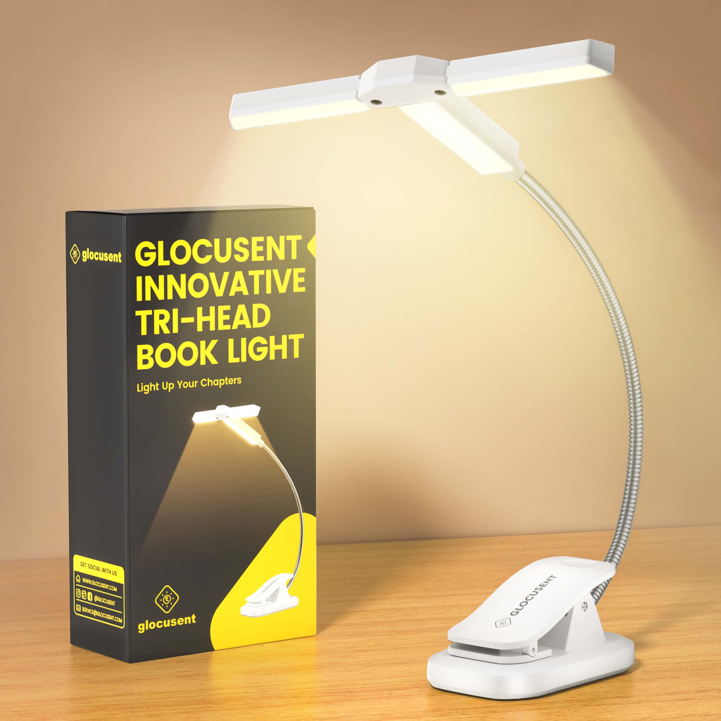 

Glocusent 3-Light Book Light with 3 Color and 5 Brightness Settings, Stepless Dimming and Color Adjustment, 1000mAh Rechargeable Reading Light with