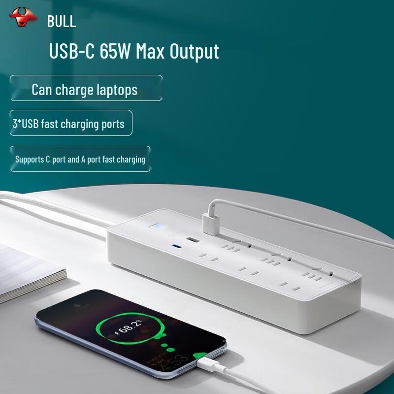 Bull 65W PD Fast Charging Power Strip with Type-C, USB & 6 Outlets CN plug (adapter included)