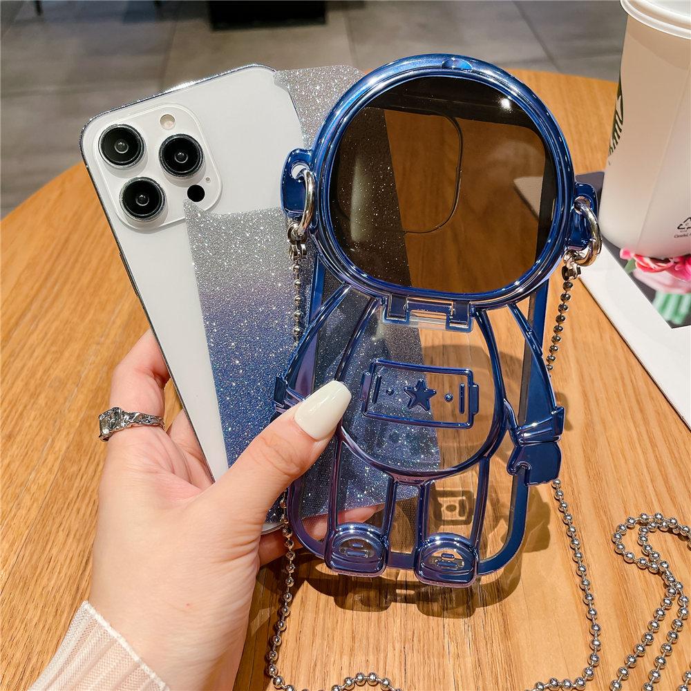 3D Astronaut Mirror Makup Clear Crossbody Phone Case For iPhone 16 15 14 Plus 13 12 11 Pro Max Glitter Shockproof Cover