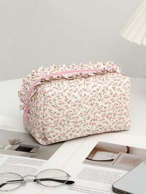 Lace Bow Cosmetic Bag Student Ribbon Quilted Pencil Bag Portable Toiletries Bag Liner Bag