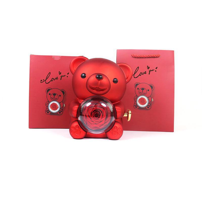 Engraved Rotating Bear Jewelry Box with Eternal Rose Necklace