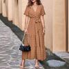 New Boho Swiss Dot Maxi Dress for Women, V Neck Flowy Short Sleeve Tie Waist A Line Long Dress