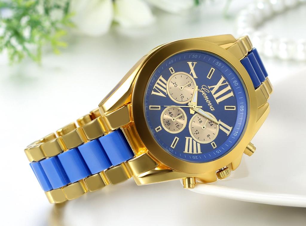 JewelryWe Fashion Watch Analog Display Quartz Roman Numeral Dial Silicone Band Waterproof for Daily Life Men's (Blue.Gold)