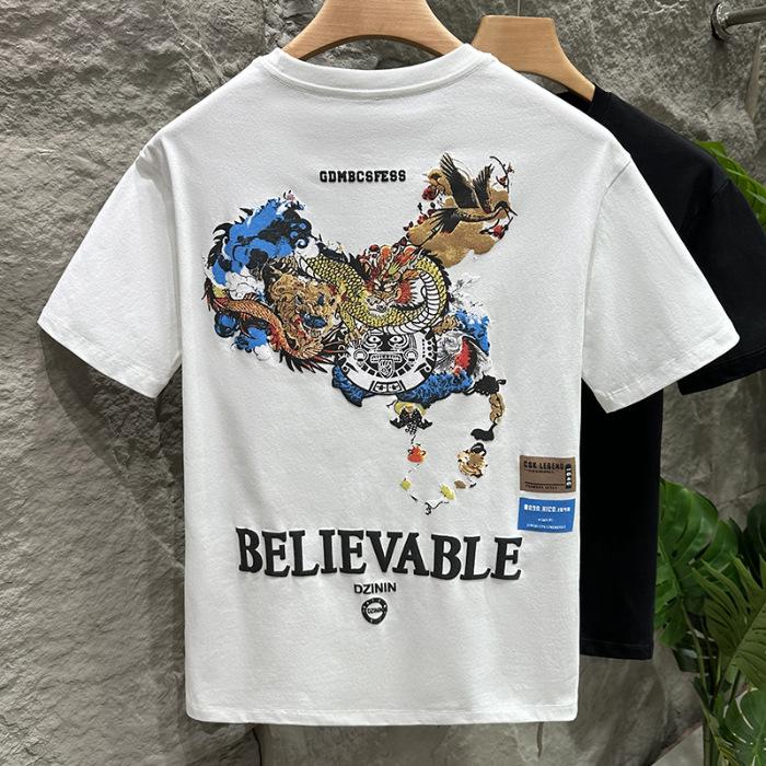Summer Short-sleeved T-shirt Men's Breathable Soft Top Embroidered Print Casual T-shirt