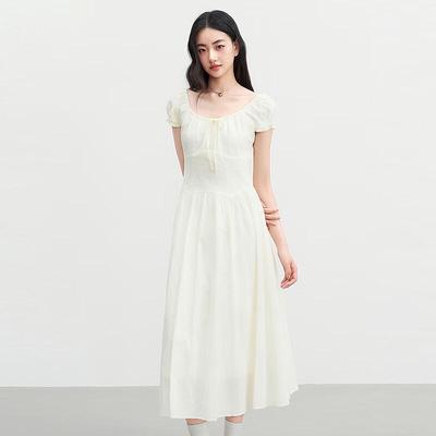 Ledin Small Puff Sleeve Adjustable Tie Square Neck Short Sleeve Long Dress