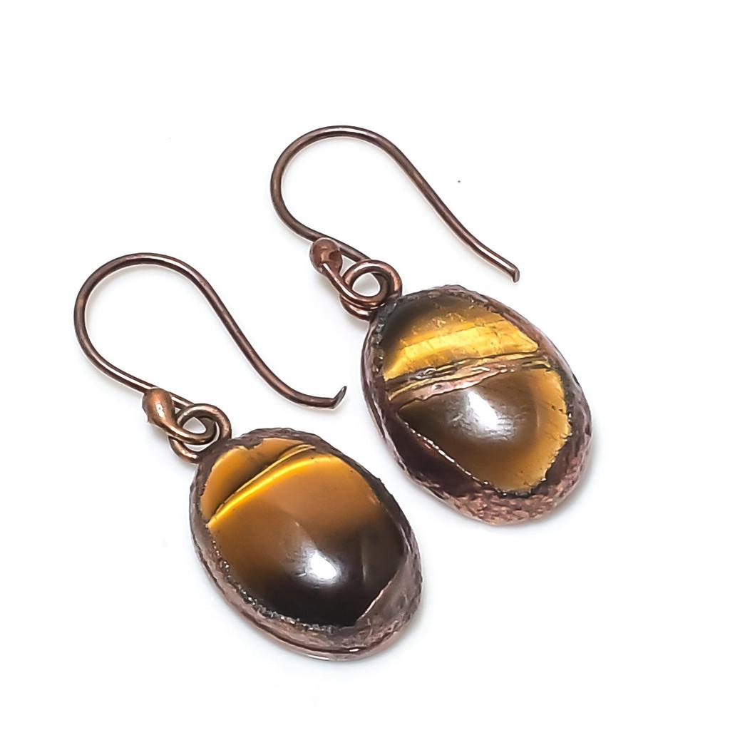 Tiger's Eye Copper Electroformed Earrings, Handmade Gemstone Earrings, Gift For Mom Antique Jewelry
