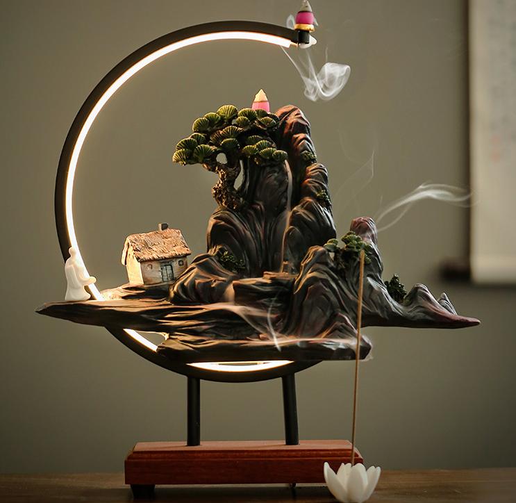 Zen High Mountains and Flowing Water Incense Burner,Sandalwood&Agarwood Incense Lamp for Tea Table Decoration