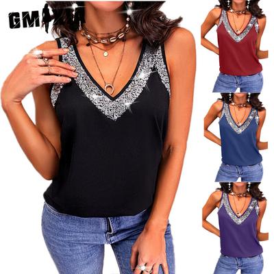 Summer Women's Solid Color Sequined Sleeveless Vest T-shirt Top
