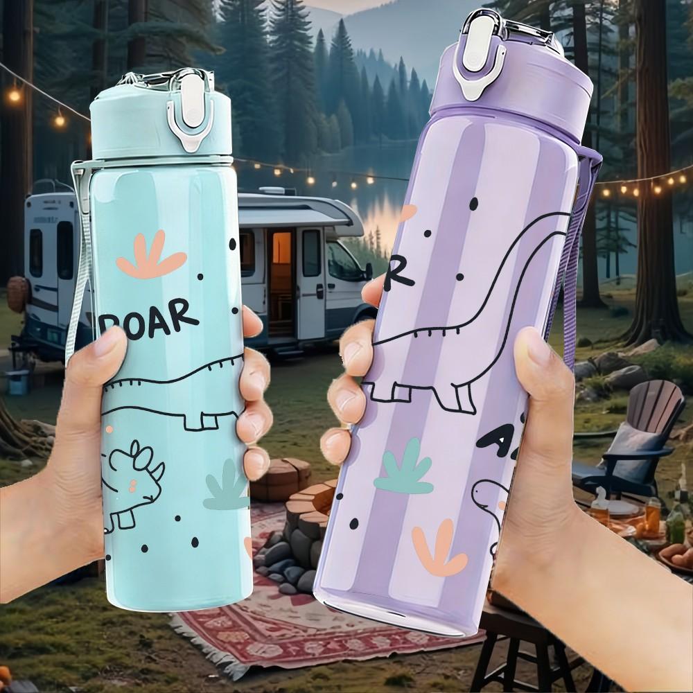 1PC Dinosaur Roar Sketch Doodle Pattern 750ml Color Plastic Sports Water Bottle Leakproof Flip Straw Lid Suitable for Sports Office Home Use