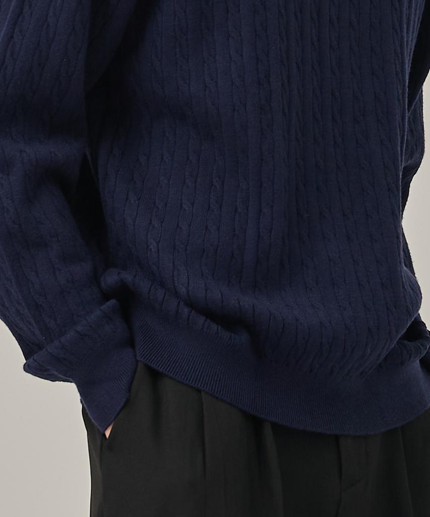 ANALOG MOOD Washable Cable Henley Neck Knit T-Shirt (Navy)