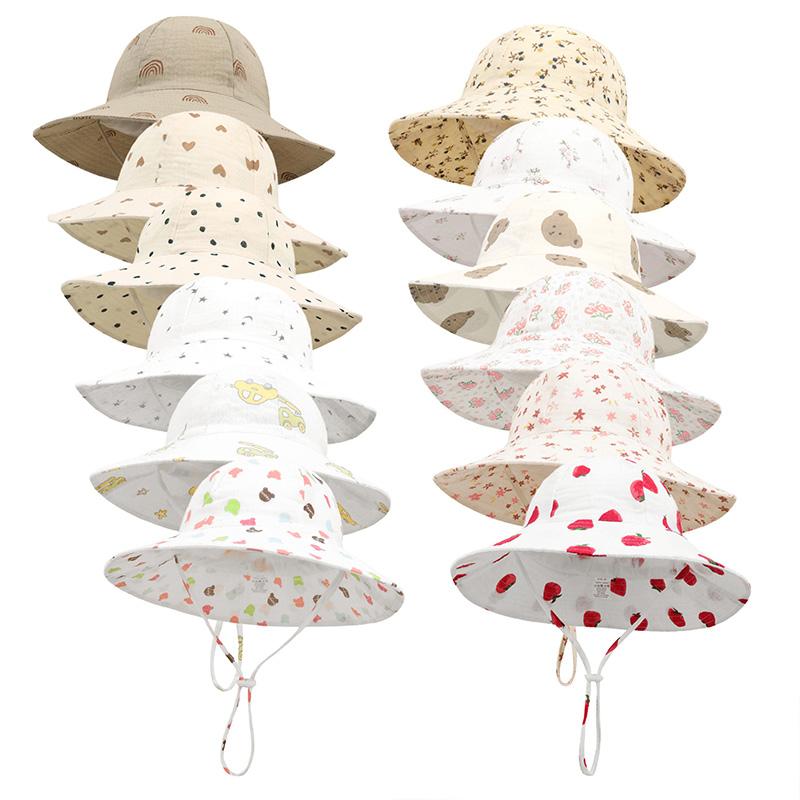 Adjustable Cotton Baby Fisherman Hat Sun Protection Breathable Cartoon Fruit Floral Print for 1-3 Years