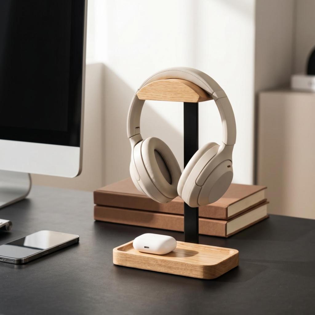 Desktop Headphone Stand Aluminum Alloy Wood Curved Top Headset Holder
