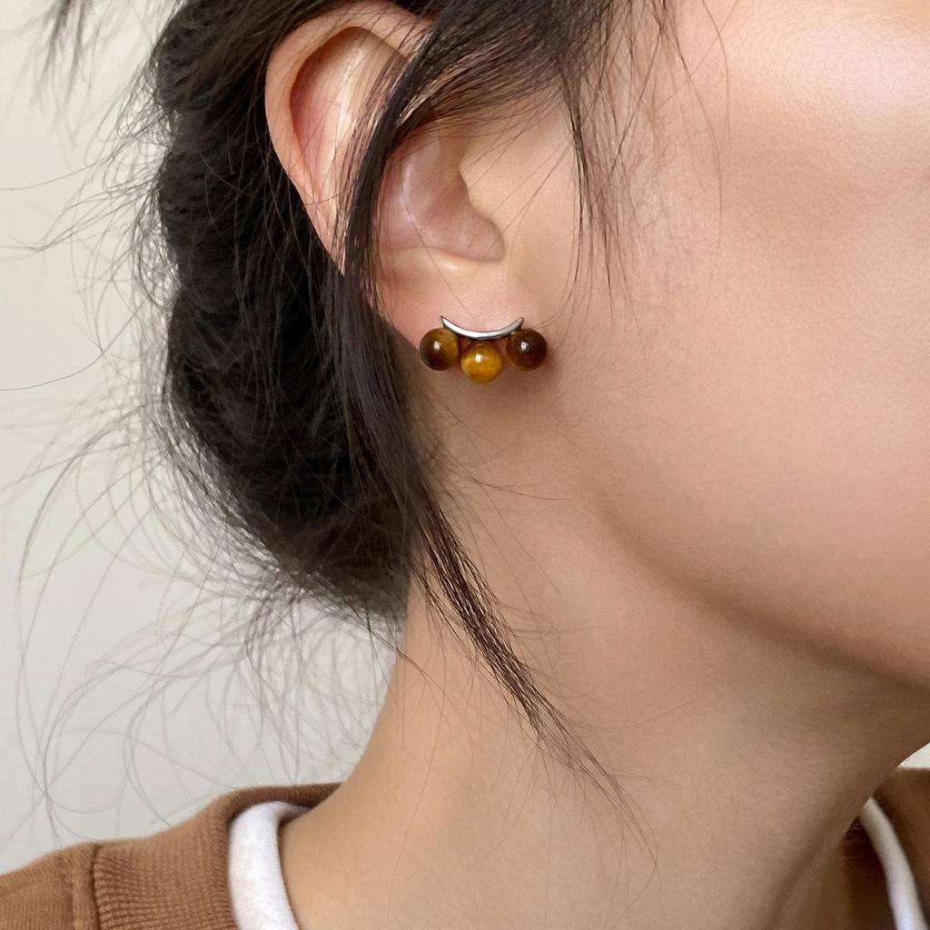 French smile brackets 925 silver needle curvature geometric natural tiger's eye stone stud earrings simple